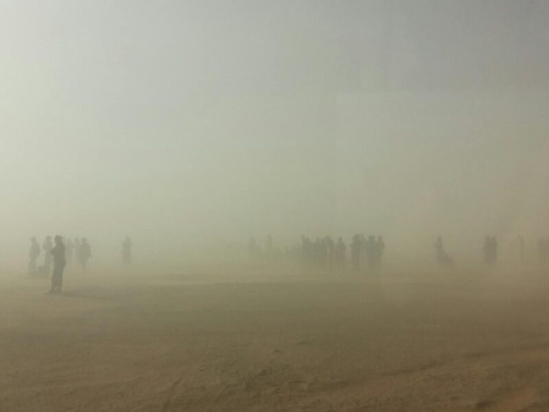 thick fog covering the people standing