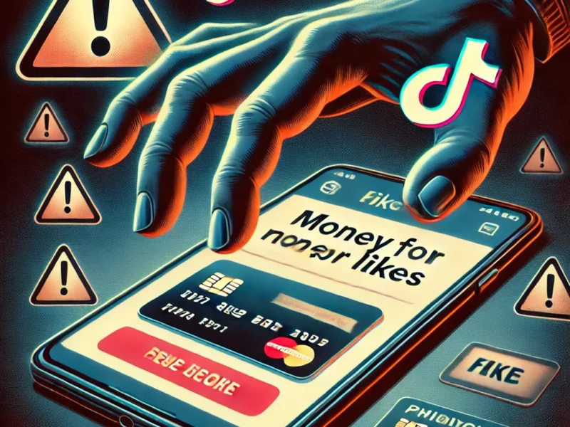 DALL·E 2025 04 05 10.09.32 A symbolic illustration of online fraud a smartphone screen showing a social media app like TikTok or YouTube with a suspicious message promising m