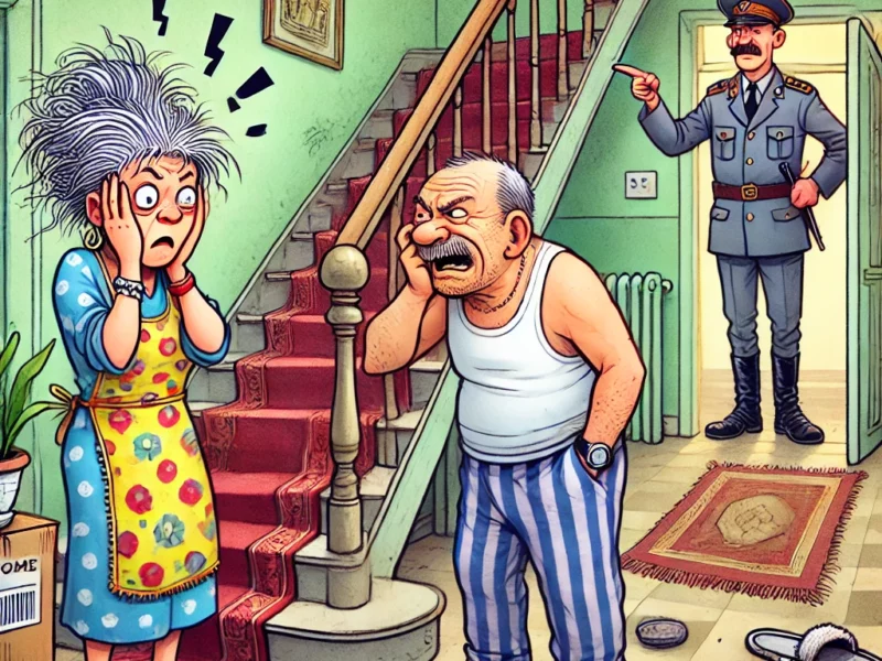 DALL·E 2025 04 11 13.59.45 A humorous and ironic cartoon style illustration for a satirical news article. The scene shows an interior staircase of a Romanian apartment block. A