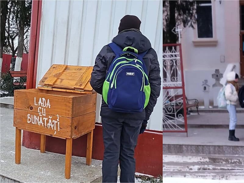 La poarta unei biserici din județ, o LADĂ PLINĂ cu bunătăți așteaptă școlarii. „Haideți mă la popa, că aici sunt cele mai bune dulciuri” / foto-video
