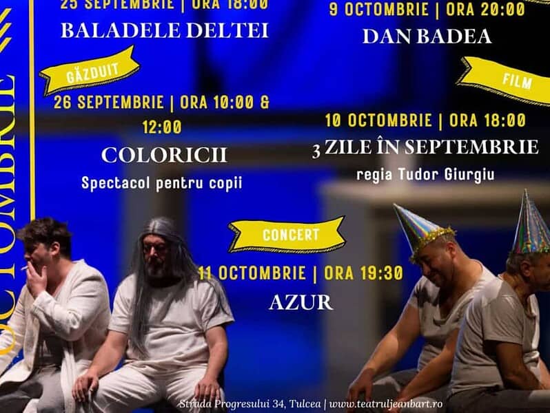 Teatru, film, stand-up și concert la Tulcea. Programul Teatrului „Jean Bart” până în octombrie