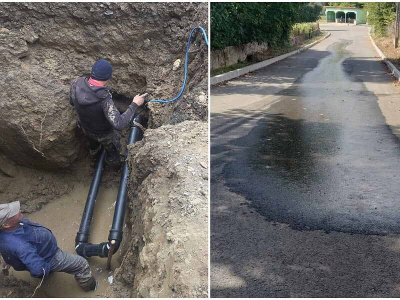 Probleme la conducta de apă din Telița. Muncitorii au spart carosabilul pentru a ajunge la țeavă / foto