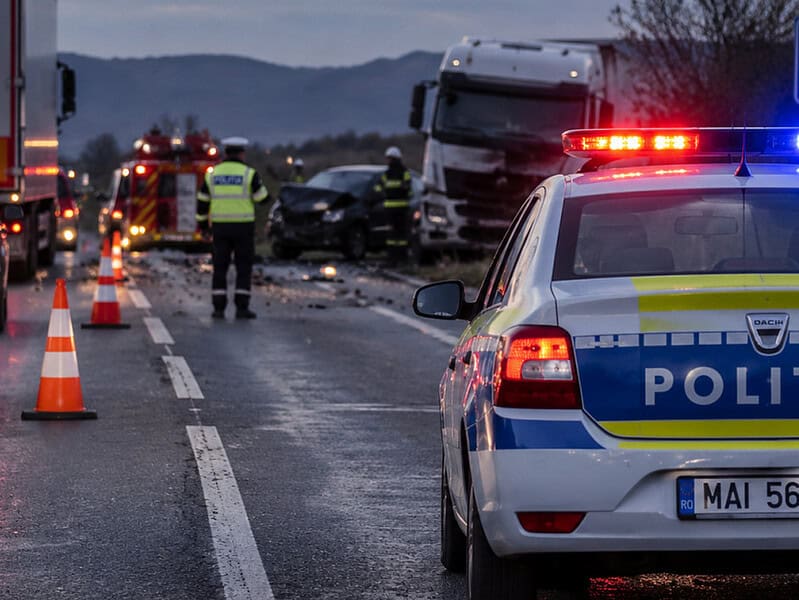 Accident grav pe DN22, la ieșirea din Măcin. Două persoane rănite după impactul dintre un TIR și o mașină