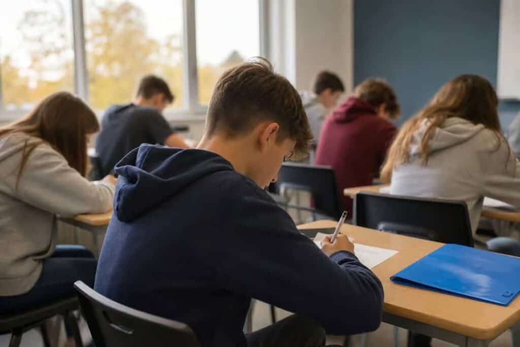 calendarul admiterii la liceu 2027 repartizarea computerizata pe 22 iulie toate Elevi aplecați peste bănci, completând un formular într-o sală de clasă luminoasă