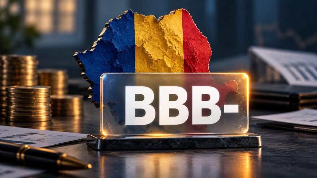 romania evita retrogradarea la junk sp mentine ratingul dar avertismentul ramane Ilustrație cu silueta României în culorile tricolorului și calificativul de credit BBB-.